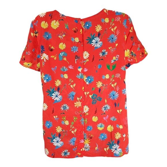Sezane x G Kero 100% Silk Top Floral Short Sleeve Red Multi Womens 40/US 4 - Picture 2 of 4